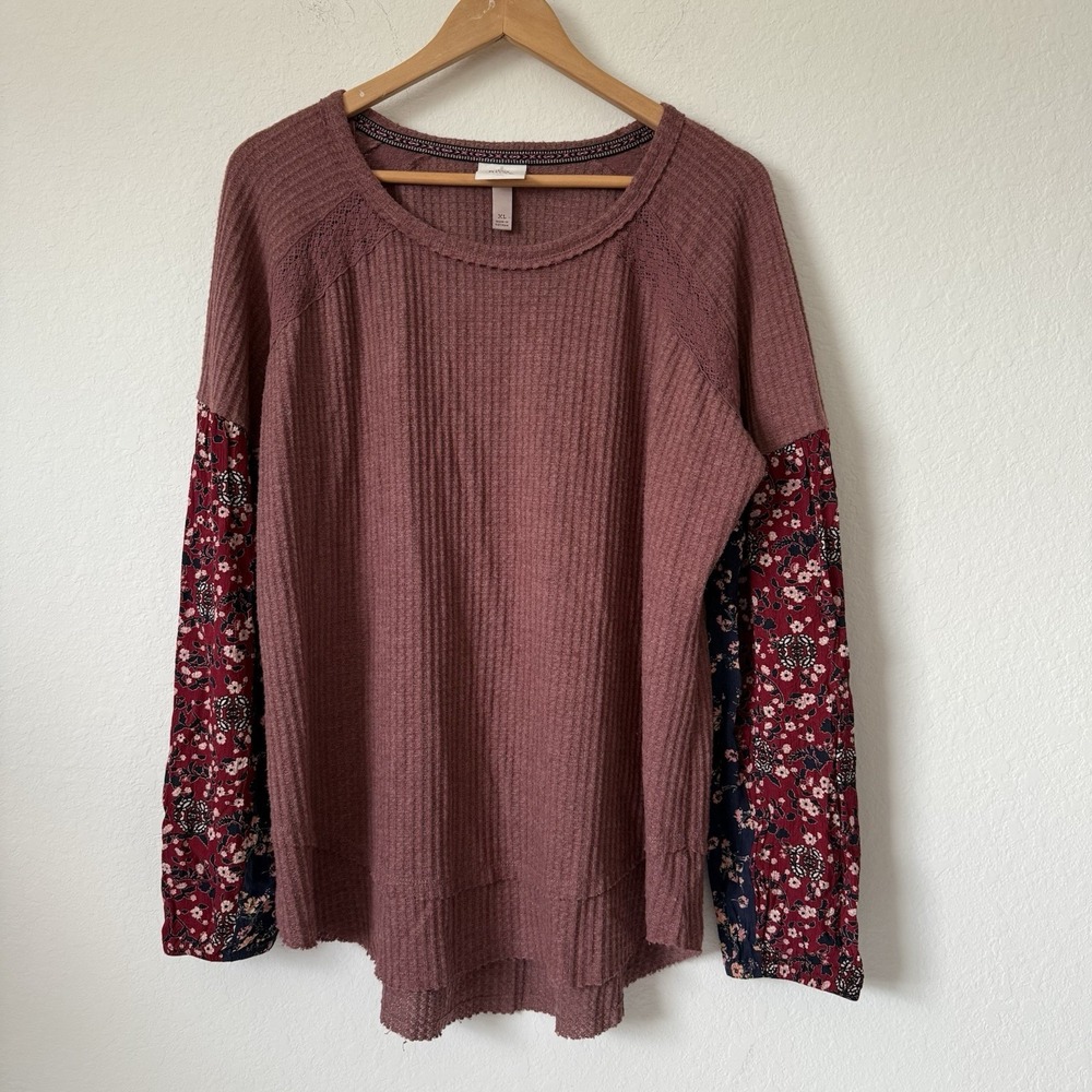 Knox Rose Blouse XL Floral Waffle Knit Long Sleeve Mixed Print Boho Top Shirt
